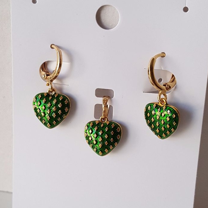 Real Gold Plated Green Hearts Earrings And Pendant Set 
