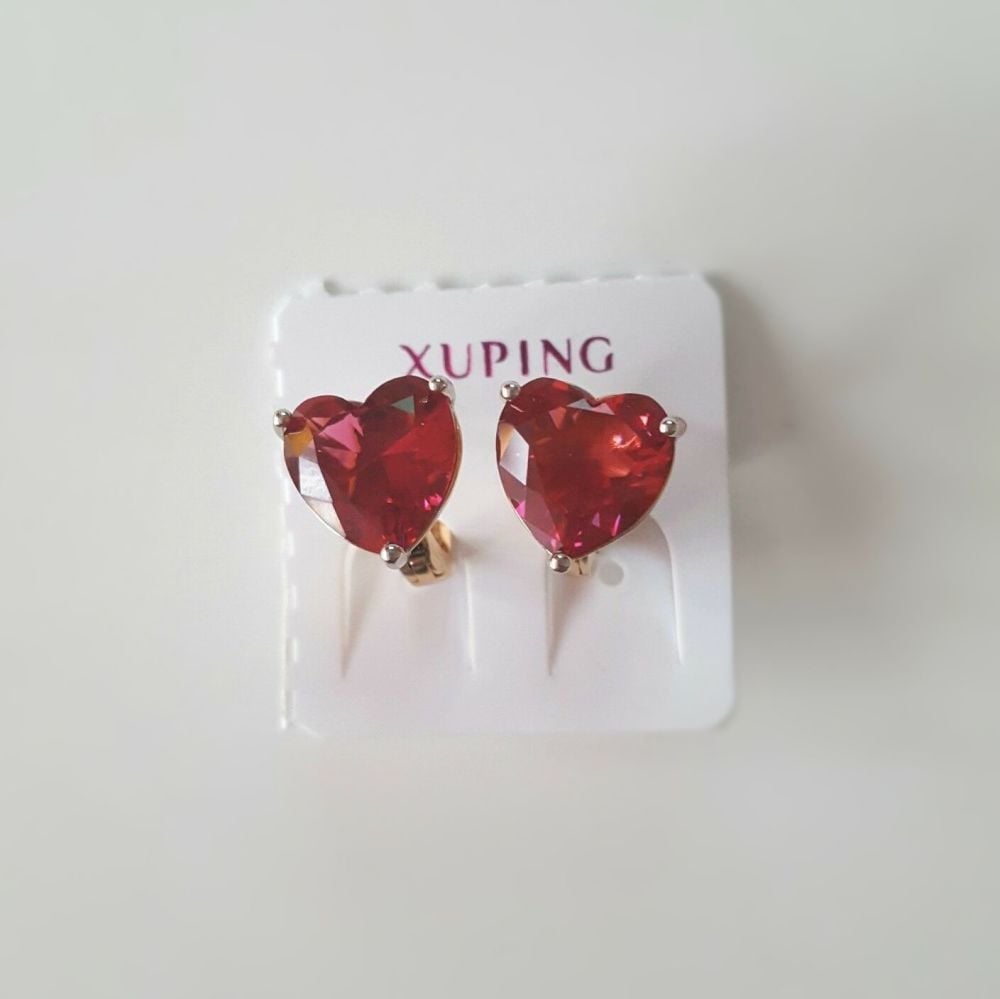 Real Gold Plated Red Crystal Hearts Women Earrings