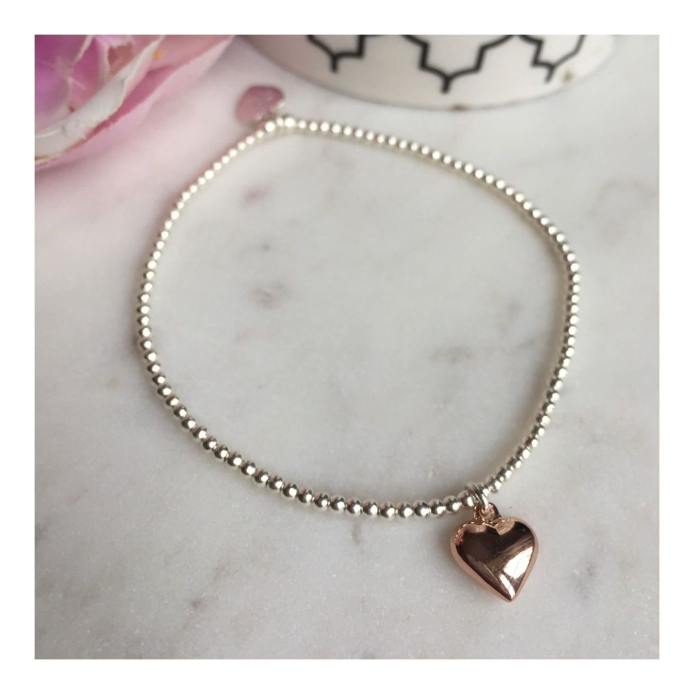 Teeny Sterling Silver Bracelet with Rose Gold Heart