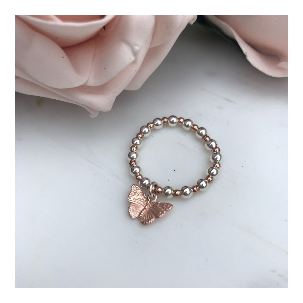 Beaded Ball Butterfly Ring-Rose Gold