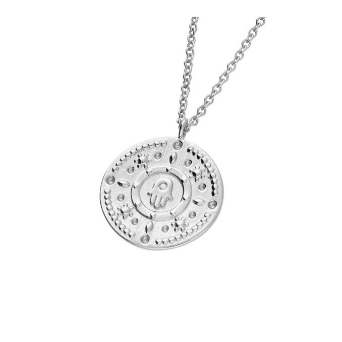 Hamsa Hand CZ Coin Necklace in Sterling Silver