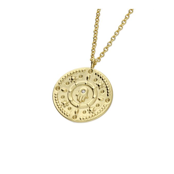 Hamsa Hand CZ Coin Necklace in 18ct gold