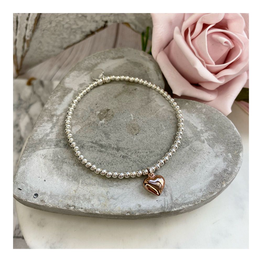 Midi Ball Sterling Silver Bracelet with Rose Gold Heart