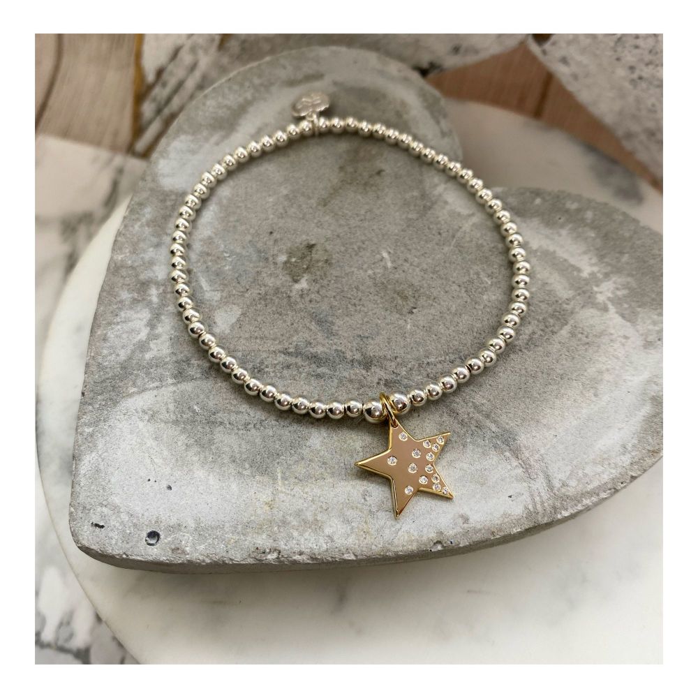 Midi Ball Sterling Silver Bracelet with sparkle 18ct Gold Star