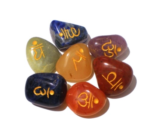 Set of 7 Engraved Sanskrit Tumbled Stones in Pouch