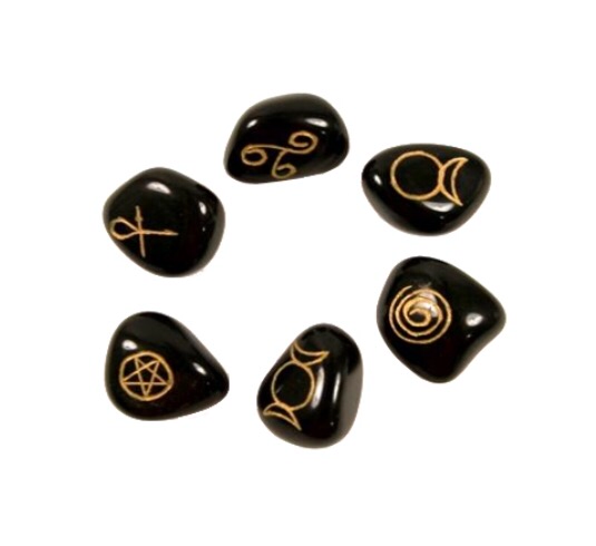Oracle Stones - Set of 6 Wicca/Pagan Black Agate Tumblestones in Pouch