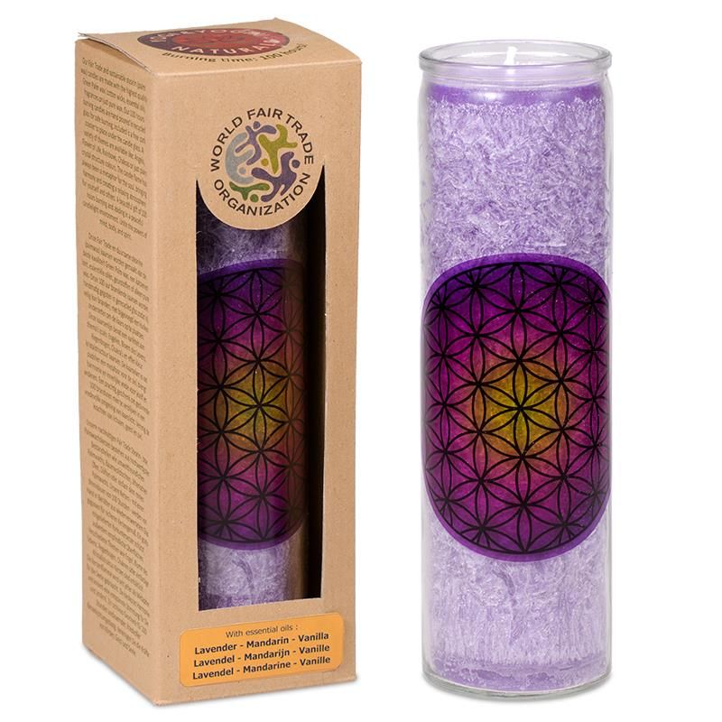 Scented candle Flower of Life purple stearin in glass