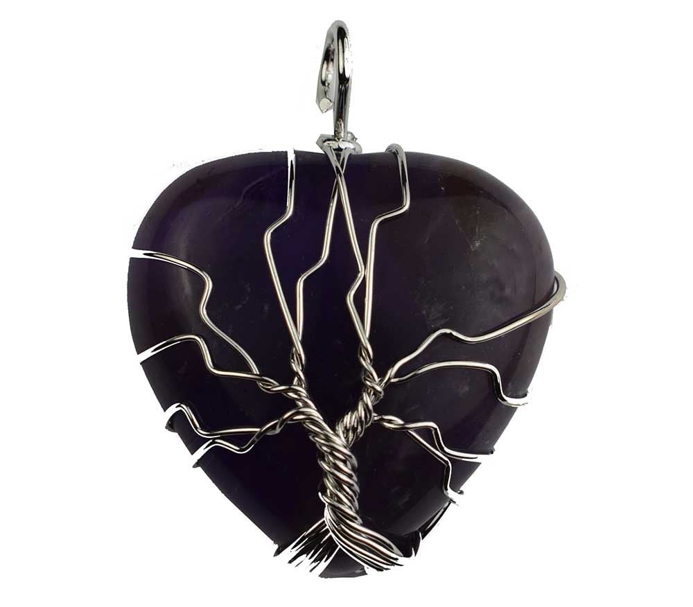 Amethyst Heart Pendant with Wired Tree of Life