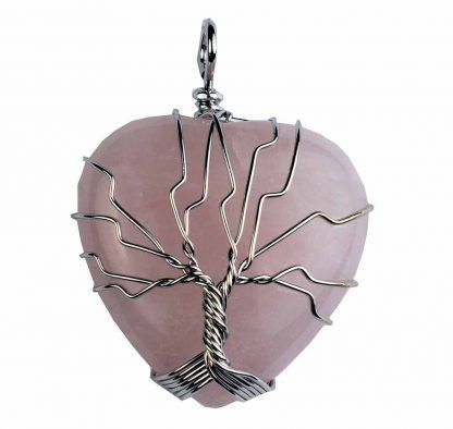 Rose Quartz Heart Pendant with Wired Tree of Life