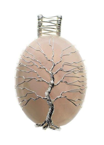 Rose Quartz Oval Pendant with Wired Tree of Life
