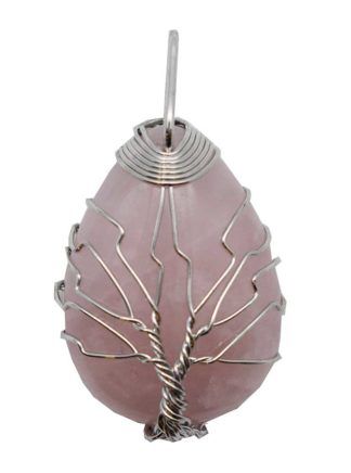 Rose Quartz Teardrop Pendant with Wired Tree of Life
