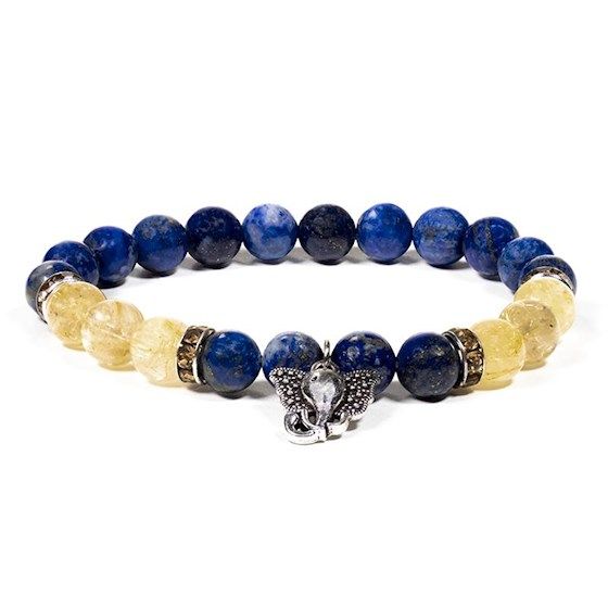 Gem Bead Lapis Lazuli/Rutilated Quartz Bracelet with Ganesh