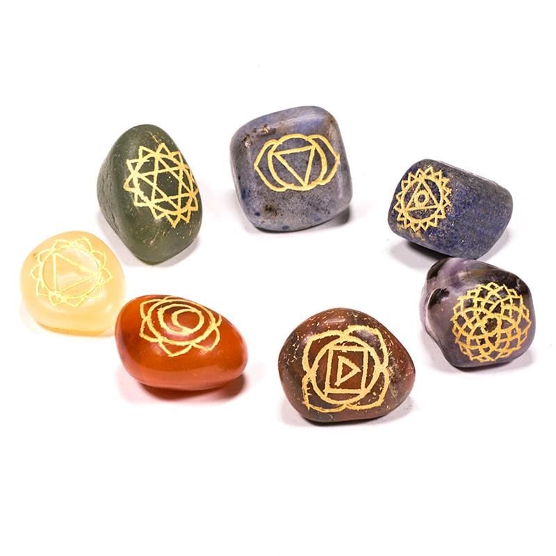 Set of 7 Engraved Chakra Symbol Tumbled Stones in Pouch