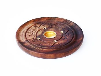 Round Wooden Ash Catcher Incense Plate Holder for Cones and Sticks - Flower Design - LRG