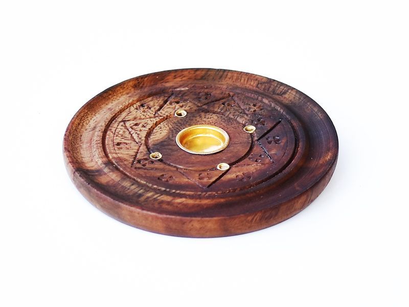 Round Wooden Ash Catcher Incense Plate Holder for Cones and Sticks - Flower