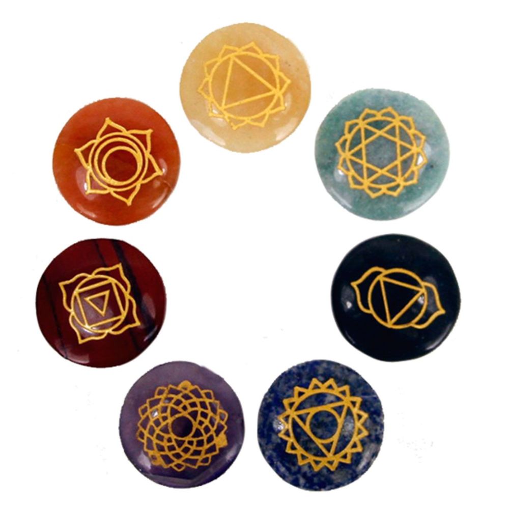 Set of 7 Engraved Chakra Symbol  Round Stones in Pouch