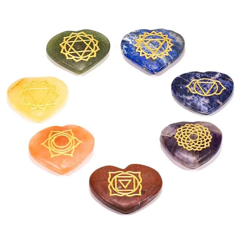 Set of 7 Engraved Chakra Symbol  Heart Stone in Pouch