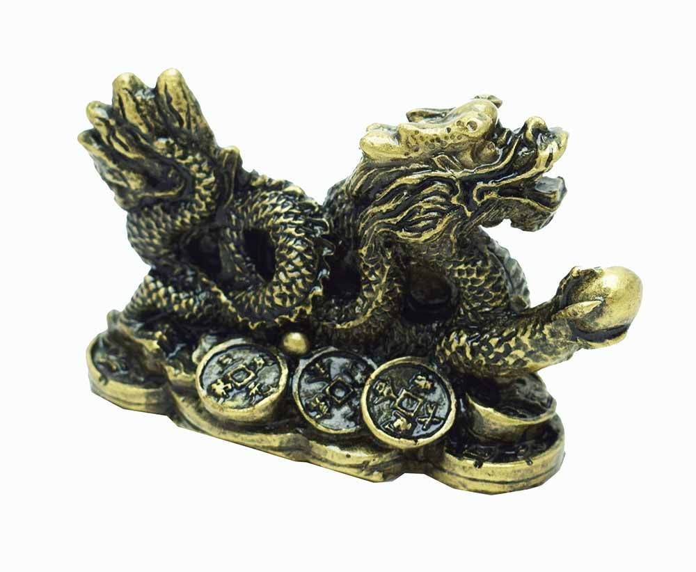 Mini Statuette Feng Shui Dragon on Coins - Bronze 8cm