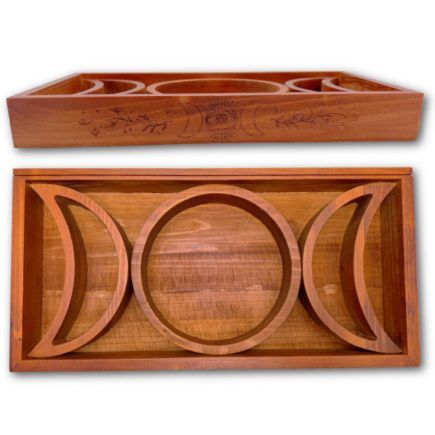 Wooden Triple Moon Tray with Oracle Card Holder