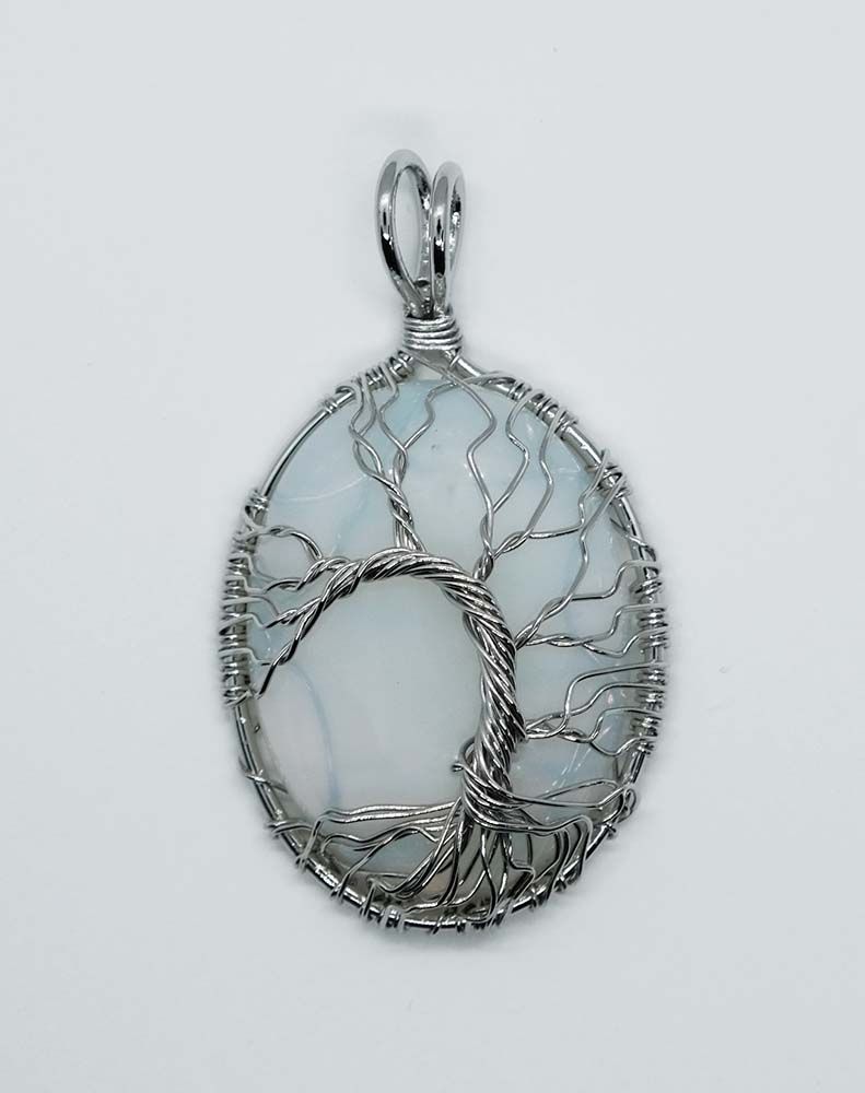 Opalite Moonstone Oval Framed Pendant with Wired Tree of Life