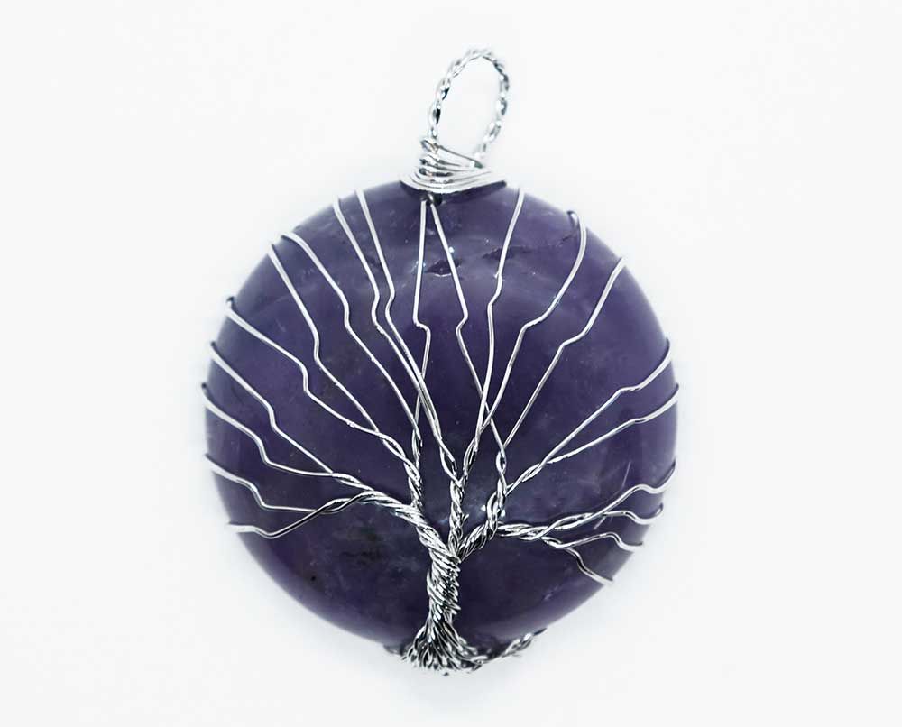 Amethyst Round Pendant with Wired Tree of Life