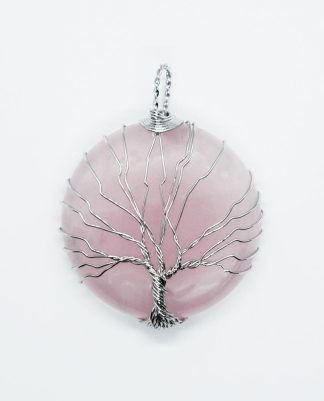 Rose Quartz Round Pendant with Wired Tree of Life