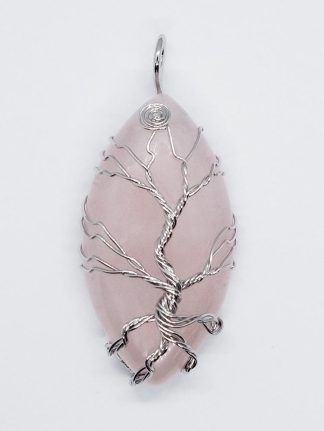 Rose Quartz Eye Pendant with Wired Tree of Life