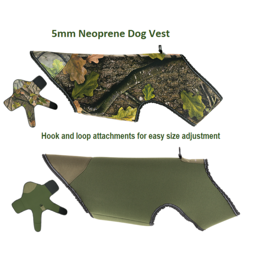 5MM Neoprene Dog Vest in Green and Evolution Camouflage. Gun dog hunting ve