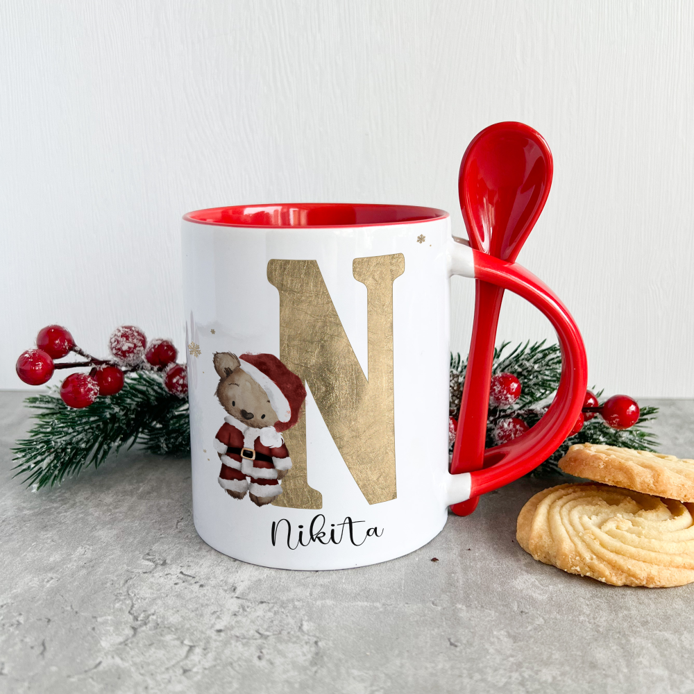 Personalised Christmas Alphabet red handled spoon mug 