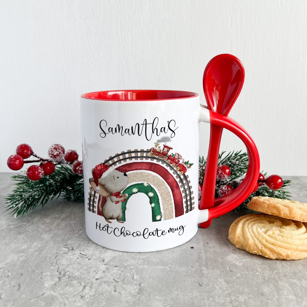 Personalised Christmas Boy Mouse Rainbow red handled spoon mug 