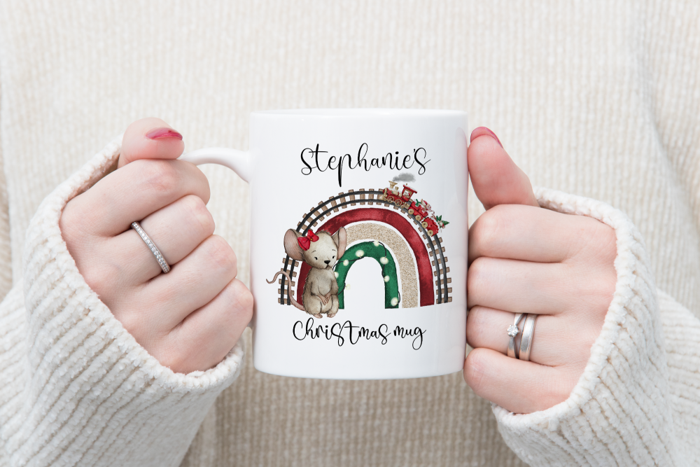 Personalised Christmas Girl Mouse Rainbow  mug 