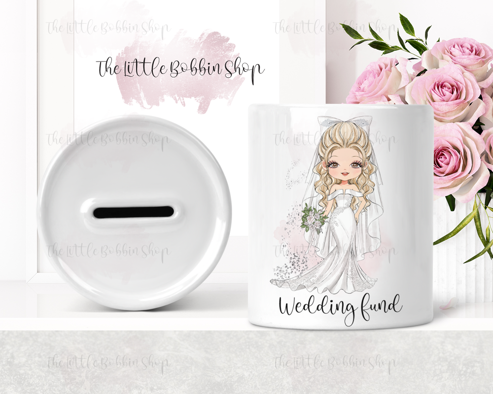 Personalised Bride Money Box Wedding Fund  - Various Hair, Eye and Skin colours