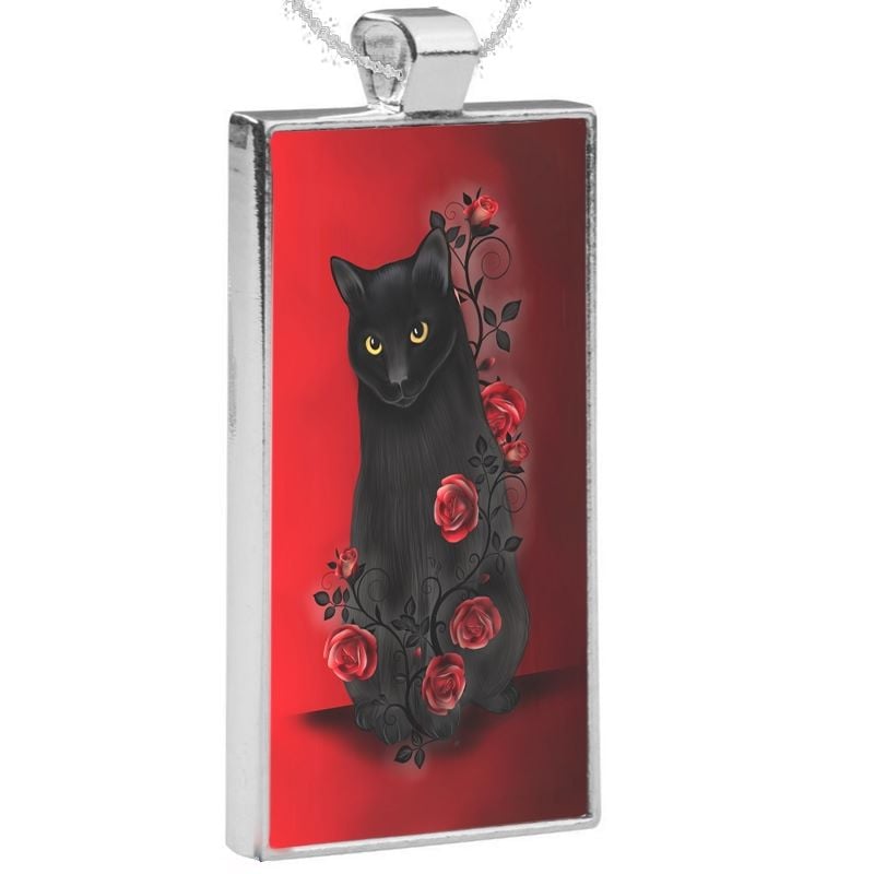 Silver Plated Pendant & 24 Inch Chain - Ebony Rose Black Cat & Red Roses