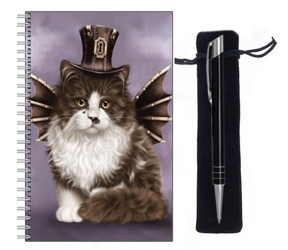 Lined Notebook & Pen Set - Steampunk Valentine Cat