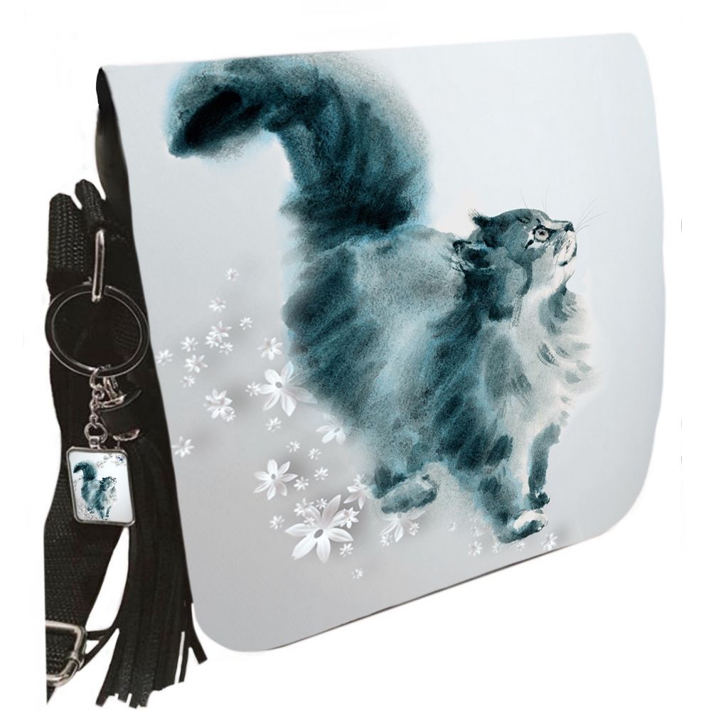 Small Shoulder Cat Bag With Tassel Ring - Watercolour Cat