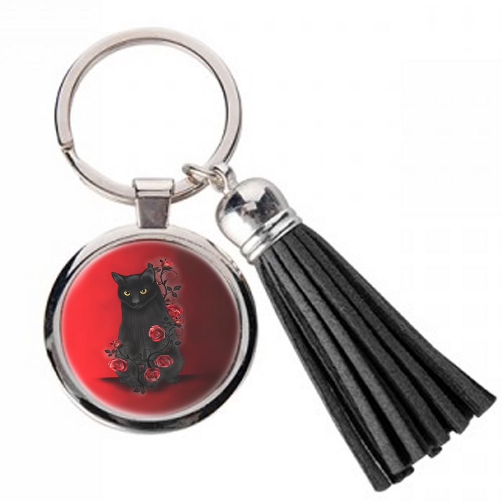 Black Cat & Red Roses - Metal Keyring & Tassel