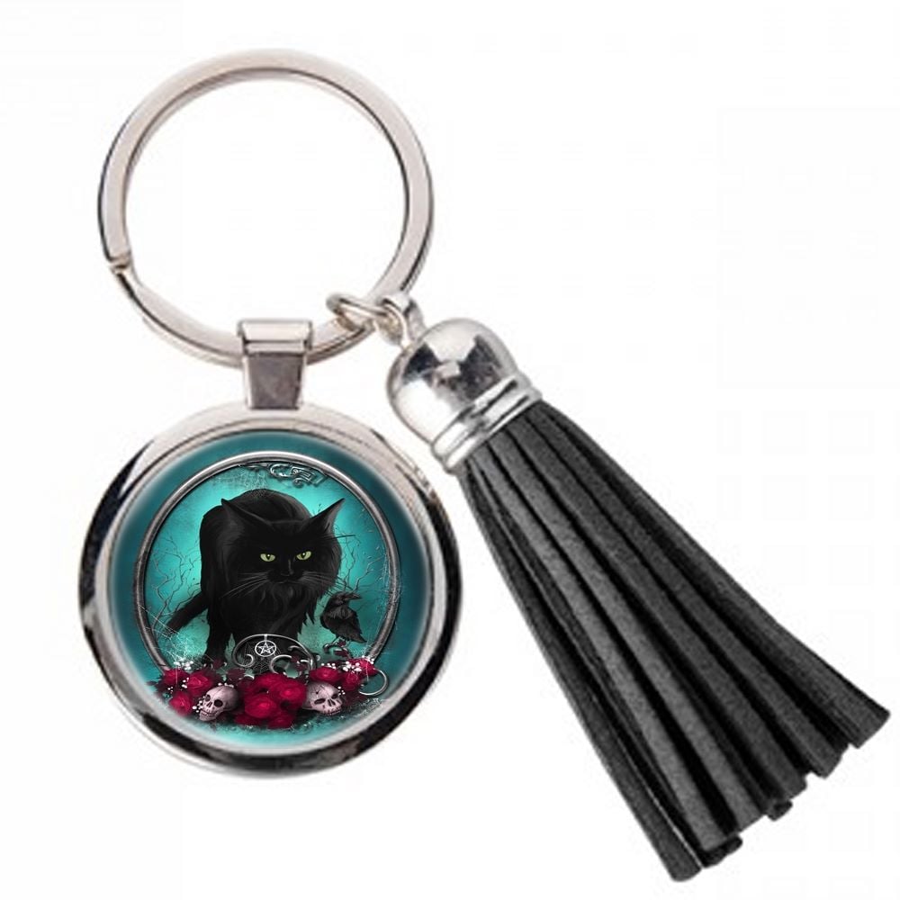Familiar Protection - Black Cat & Raven - Metal Keyring & Tassel