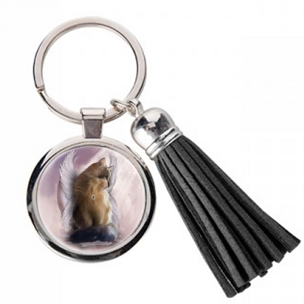 Guardian Angel Cat & Sterling Silver Angel Wing - Castiel - Metal Keyring &