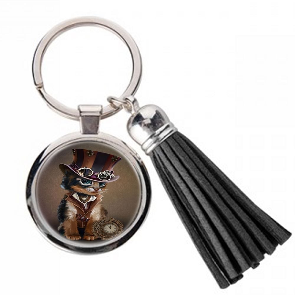 The Time Keeper - Steampunk cat - Metal Keyring & Tassel