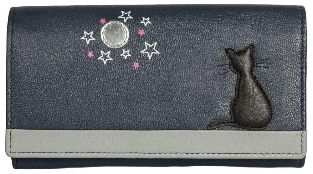 Midnight Black Cat Leather Flap Over Purse - RFID - Navy - 3496 35