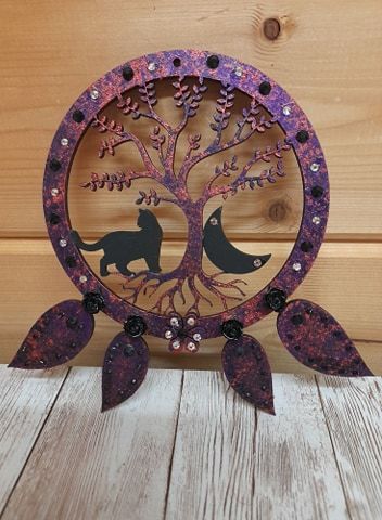 Black Cat  Tree Dream Catcher Cat  Moon Red  Copper Purple 