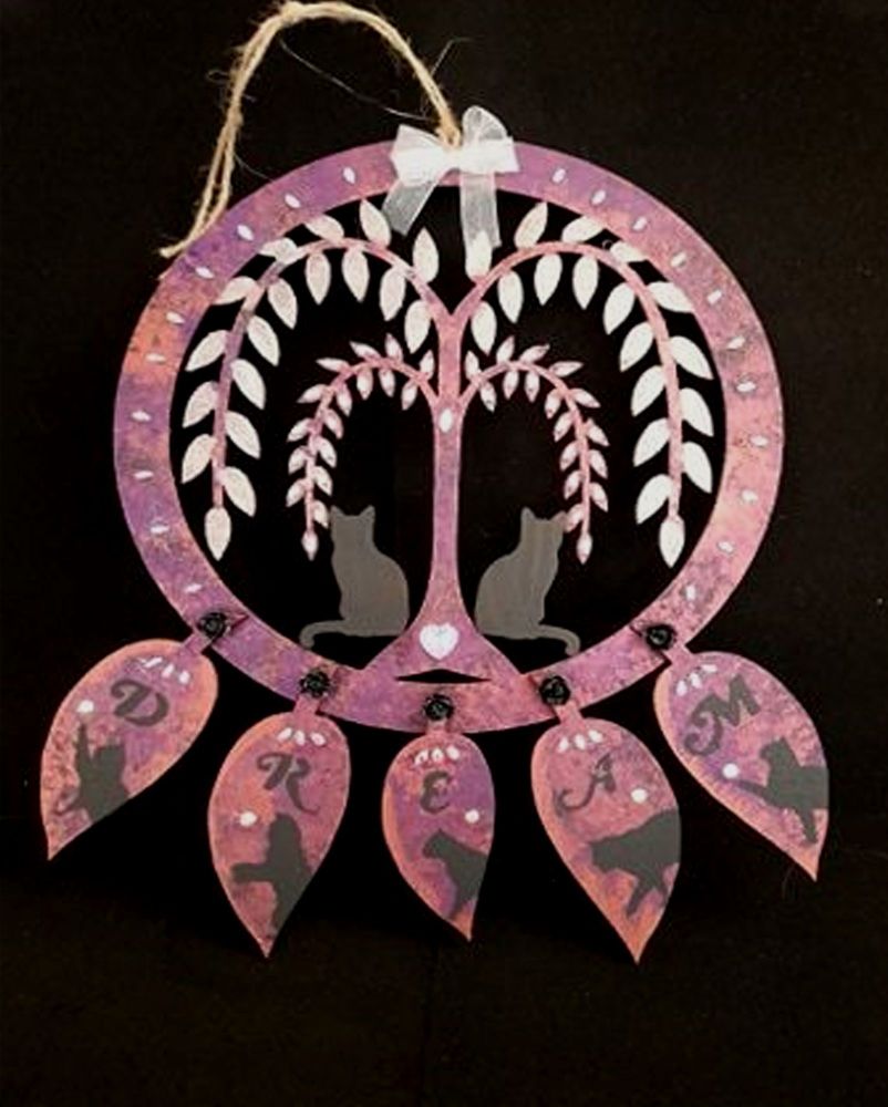 Large Black Cat Dreamcatcher - Willow Tree & 2 Sitting Cats - CMDDC-02