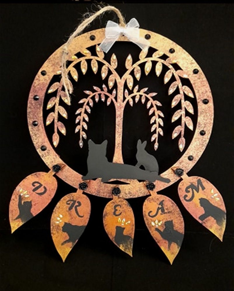 Large Black Cat Dreamcatcher - Willow Tree & 2 Sitting Cats - CMDDC-01