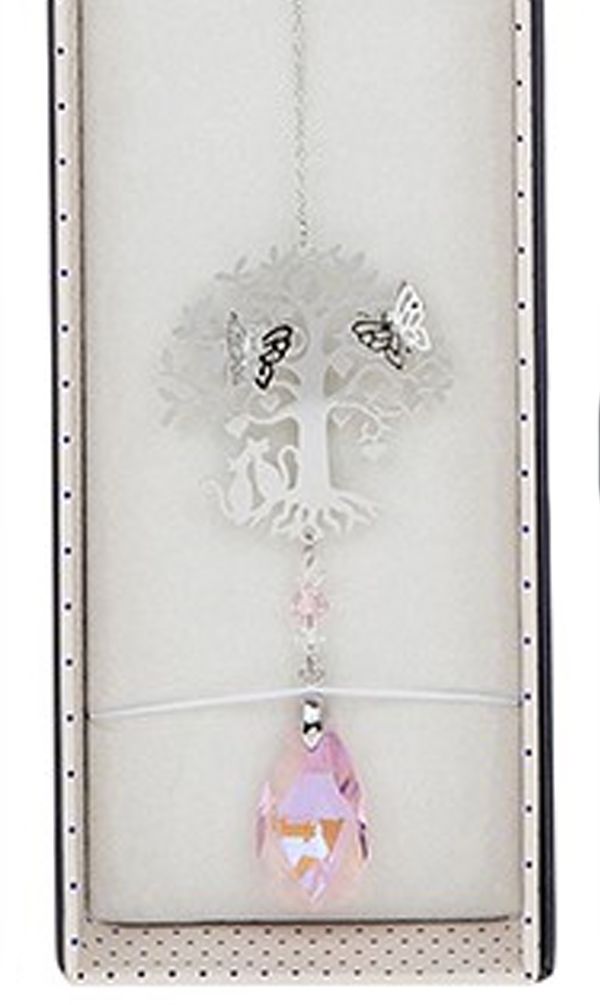 Cat Suncatcher - 3D Crystal Suncatcher - Cat, Tree & Butterfly - Pink