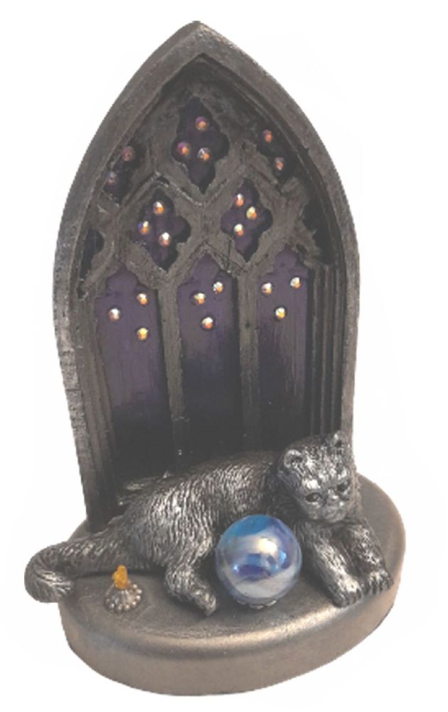 Cat, Crystal Ball & Candle In Gothic Window