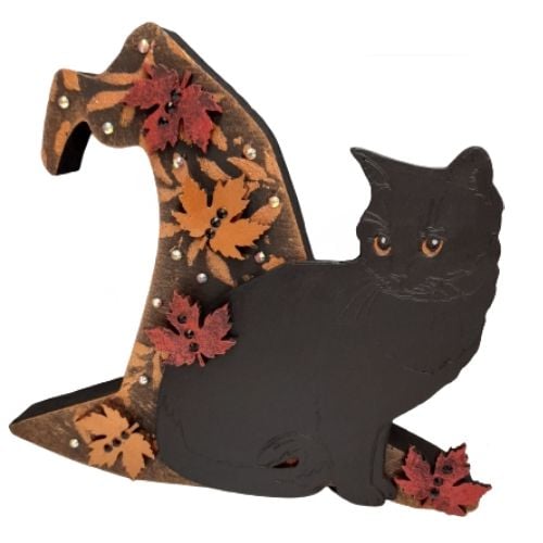 Black Cat & Witches Hat -3D - Freestanding MDF Plaque - Cat & Maple Leaves