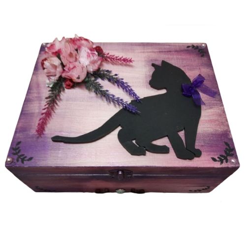 Large Wooden Black Cat Box - Silk Flowers & Moon (Felt Lined)