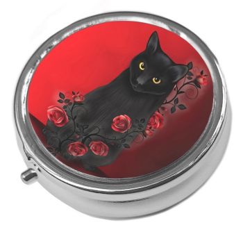 Ebony Rose - Metal Pill Box - Cat Trinket Box - Black Cat & Roses