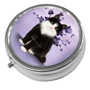 Lilac Serenity -Black & White Cat- Metal Pill Box - Cat Trinket Box 