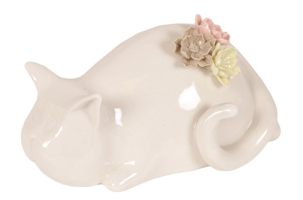 22091 - Crouching Porcelain White Cat with Flowers WAS £11.99
